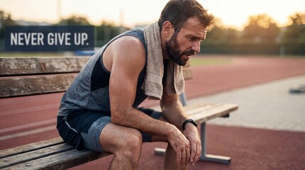 Fototapeta premium Tired bearded athlete wearing a gray tank top sits heavily on a wooden bleacher bench beside a running track feeling exhausted after intense exercise.