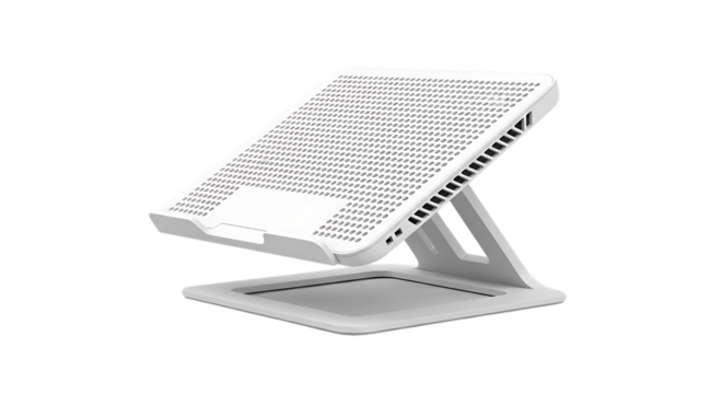 Elevate your viewing with this ergonomic white ventilated laptop stand, perfect for posture and device cooling, delivered as a transparent PNG asset - Powered by Adobe