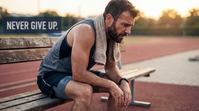 Tired bearded athlete wearing a gray tank top sits heavily on a wooden bleacher bench beside a running track feeling exhausted after intense exercise.