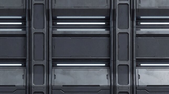 Detailed dark metallic wall background with glowing horizontal light strips, perfect for sci-fi, futuristic, or technology-themed projects. Industrial design texture.