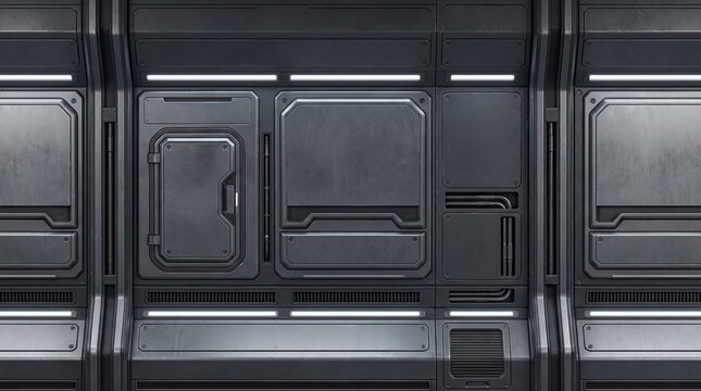 Dark gray metallic sci-fi background featuring a detailed spaceship interior wall with glowing white lights, vents, and modular panels.