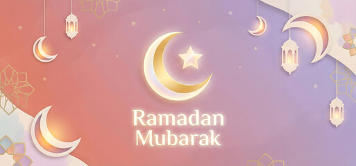 Ramadan Mubarak greeting with crescent moon lanterns and stars on gradient background