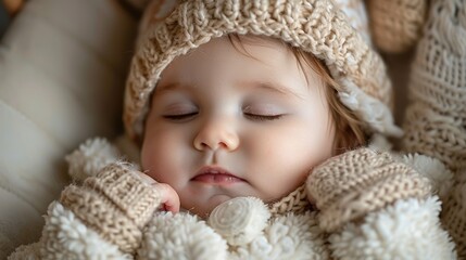 A baby is sleeping in a hat and a sweater. The baby is wearing a knit hat and a knit sweater