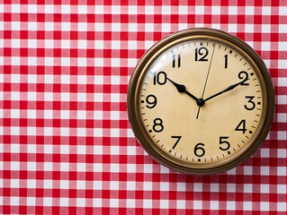 A clock on a red and white checkered tablecloth background