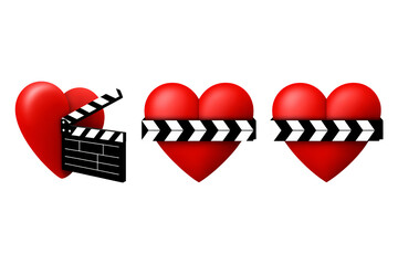 Red hearts with film clapboard in cinematic style with bold red color and 3D texture for romantic movie promotion
