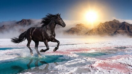 Fototapeta premium Horse galloping in a solitary salt lagoon under the sun