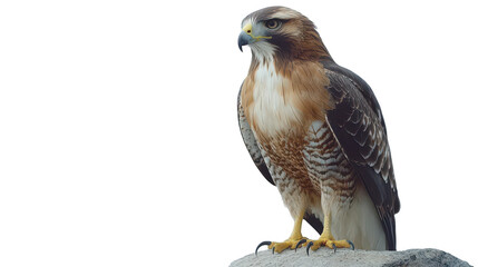Fototapeta premium A hawk with sharp talons and piercing eyes, standing still against a white background