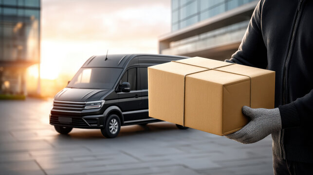 Delivery worker holding cardboard box gloves loading scene with black cargo van and modern building sunset, urgency and professionalism visible
