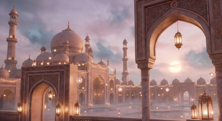 Grand mosque architecture at dusk with golden domes and minarets under soft light