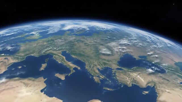 Awe-inspiring wide video of earth from space, slowly rotating with detailed blue oceans, brown continents, swirling clouds, and sparkling city lights appearing as the terminator line transitions.