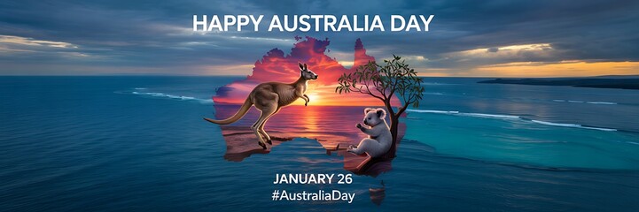 Happy Australia Day January 26 banner with people forming Australian flag on ocean, coastal landscape and national celebration theme