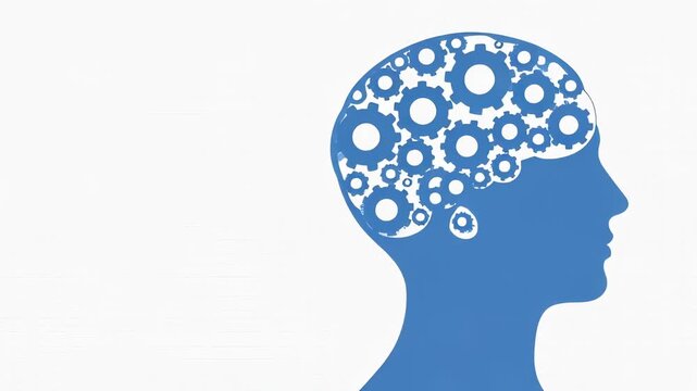 Blue silhouette of a human head with rotating gears inside the brain, illustrating thinking and intelligence concepts in a minimalist animation.