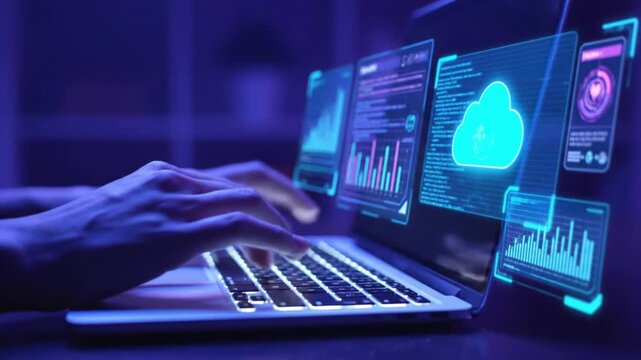 Hands typing on a laptop displaying futuristic holographic screens with charts, graphs, and cloud icons in a dark, modern setting.