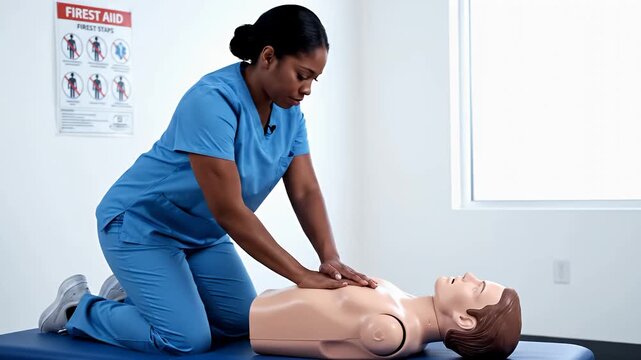 A healthcare professional in blue scrubs demonstrates CPR on a medical training mannequin during a first aid course in a bright indoor setting.