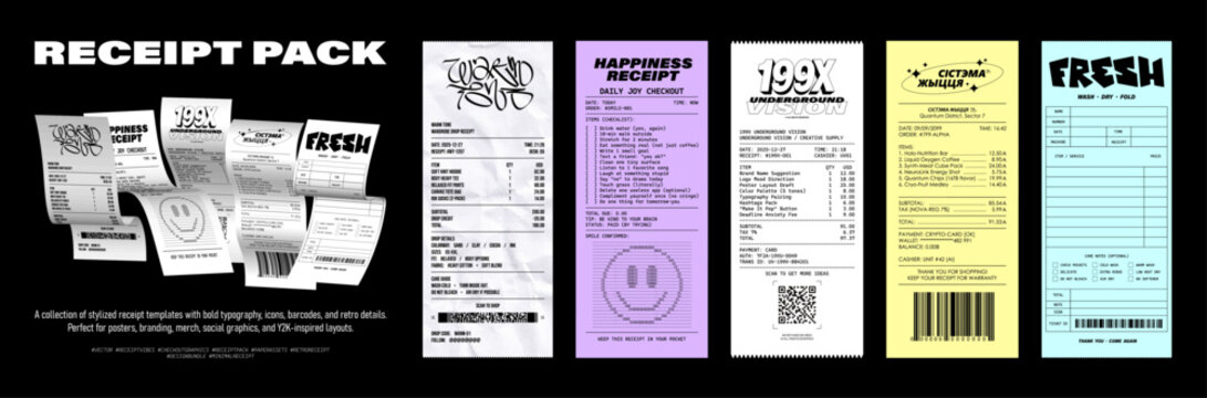 Stylish receipt templates&mdash;forms, inserts, flyer layouts. Perfect for branding, merch, visuals. Bill receipt template with in Y2K style. Vector paper bills. Translation from Belarusian: System of Life