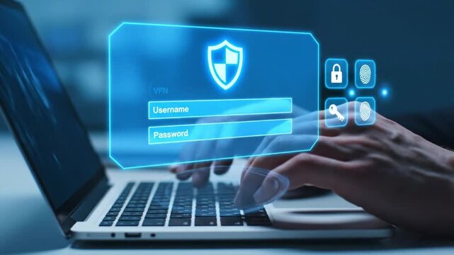 Person logs into secure VPN with username and password on a futuristic digital interface, fingerprint and lock icons visible.