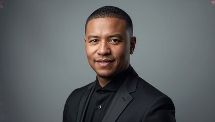Obraz premium Man in Black Suit Smiles for Camera in Studio Setting During Evening Event