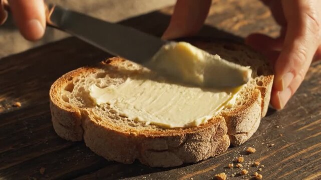 Buttering a Slice of Bread on a Wooden Table