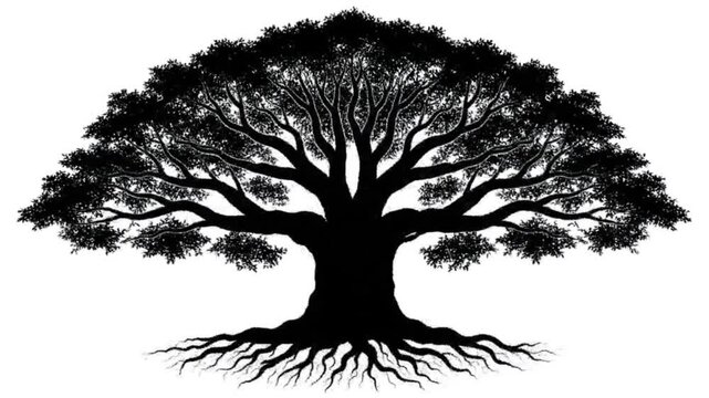 Silhouette of a large, detailed tree with spreading branches and roots, black on a white background, representing nature and growth.