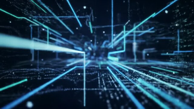 Extreme close-up of vibrant digital data streams and abstract lines of code rapidly animating in a vast dark digital space, with neon blue, green, and purple accents and smooth tracking video.