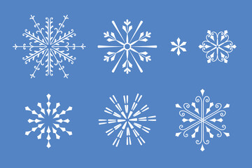 Collection of unique white or gold snowflakes in different symmetrical styles, displayed on a vibrant background. Concept of winter and cold weather. Vector illustrations set