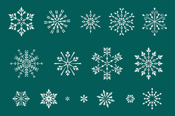 Collection of unique white or gold snowflakes in different symmetrical styles, displayed on a vibrant background. Concept of winter and cold weather. Vector illustrations set