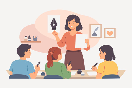 Female instructor teaching diverse children calligraphy art in classroom