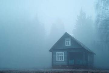 House in foggy forest during morning light