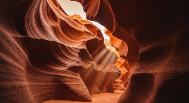 Sunlight streams through a sandstone canyon, illuminating swirling, textured walls