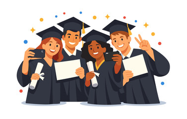 Obraz premium Diverse group of young adults celebrating graduation with selfies and diplomas
