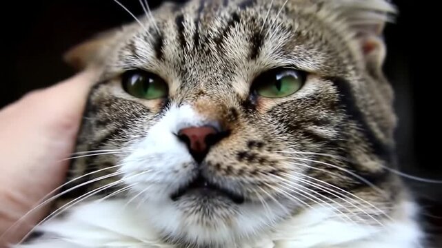 Relaxed Tabby Cat Enjoys Affectionate Head Scratches in Close-Up.
