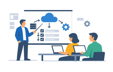 Business presentation on cloud computing with diverse team analyzing data
