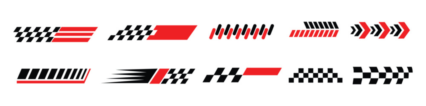 Racing stripes, checkerboard flag patterns, and speed line designs icon vector. checkered flag, finish line, motocross labels, dynamic lines, motorsport symbol. vector illustration.