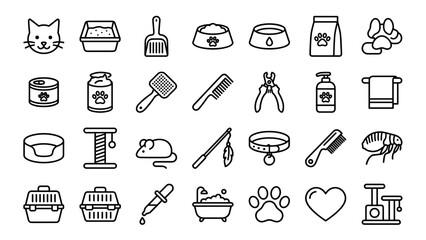 Fototapeta premium Cat care and grooming icons set. Vector line symbols of pet supplies. Minimal monoline outline style. Feline food health hygiene accessories. Kitten veterinary equipment collection.