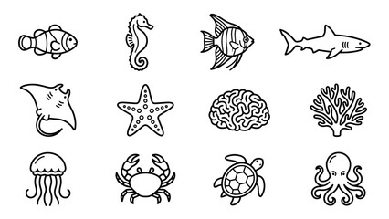 Fototapeta premium Outline icon set of ocean marine life animals and coral, minimalist vector illustration of fish, seahorse, shark, turtle, jellyfish, crab, starfish, ray and octopus arranged in clean grid design