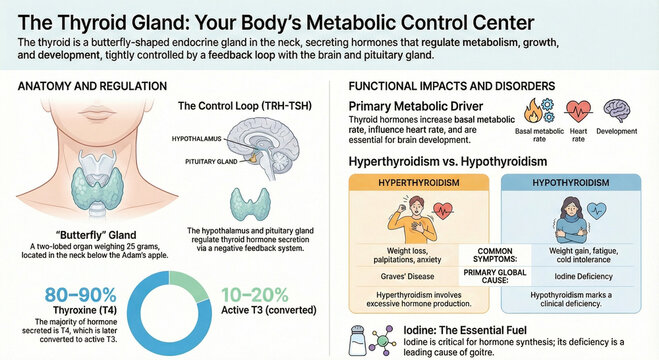 Thyroid gland infographic explaining hormone function, metabolism control, disorders, symptoms, and treatment.