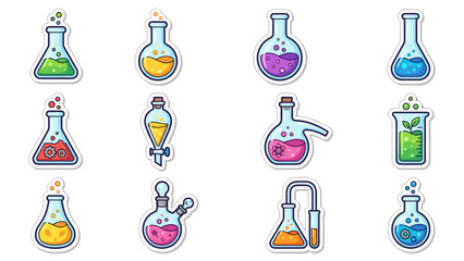 Fototapeta premium Colorful science laboratory flask vector icons set in sticker style with chemical reaction symbols, lab equipment, beakers, and experimental bottles in a neatly arranged grid layout