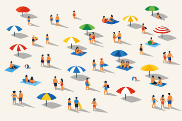 Obraz premium Diverse people enjoying relaxation on a sunny beach with colorful umbrellas