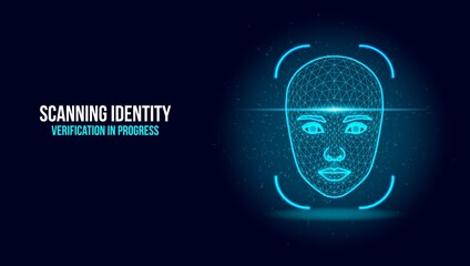 Biometric Facial Recognition Scan with Digital Wireframe and Identity Verification Text