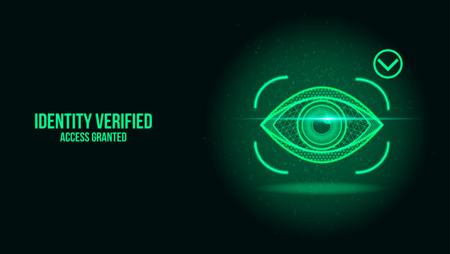 Futuristic digital eye scanner confirming user login. Glowing green iris recognition technology displays security approval. Cyber safety interface verifies personal data on dark background. High tech 