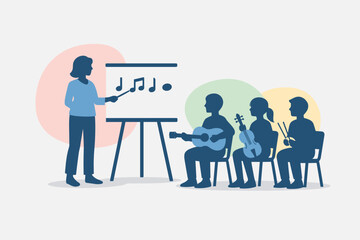 Female music teacher leading young students in instrumental class