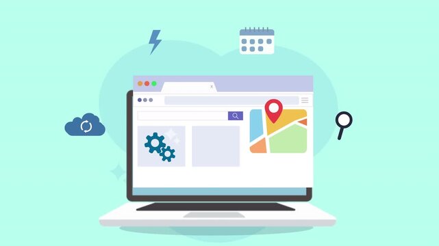 Laptop Displaying Web Browser with Map and Cloud Icons.