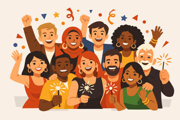 Obraz premium Diverse group celebration with joyful caucasian, asian, african, and hispanic adults