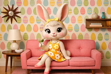 Cute Cartoon 1960s Vintage Easter Bunny Wearing a Flower Dress and Holding a Martini and Sitting on a House