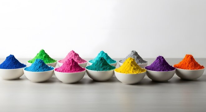 Vibrant holi day colors in bowls for festival of colors celebrations