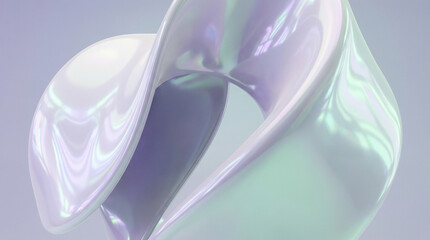Soft holographic gradient 3d abstract shapes in purple and green hues on gray background with shiny reflective surface