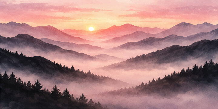 A breathtaking mountain landscape at sunrise and sunset features a mist-covered valley and forest under a blue sky filled with clouds, capturing the morning beauty of hills in the winter light