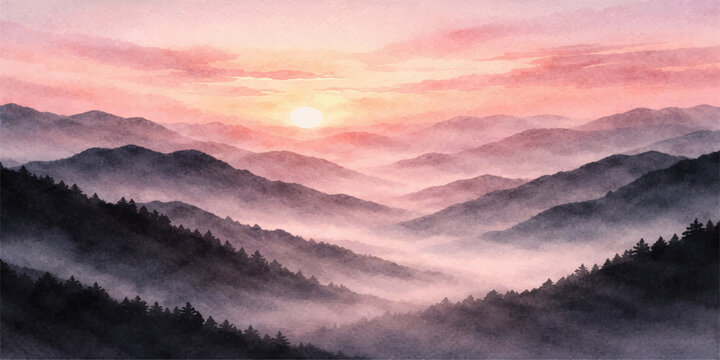 A breathtaking misty morning view of the sun rising over snow-capped mountain peaks and a forest valley, where golden light pierces through blue clouds and fog across the majestic nature landscape