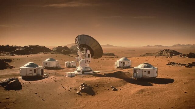 Satellite dish array at planetary research station on red desert planet Mars. Backward camera movement and wide shot.