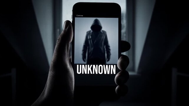 Mobile phone screen displaying unknown caller alert against rainy window background. Hand holding device with anonymous notification during night.